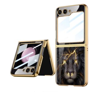 Samsung Galaxy Z Flip 6  With Glossy Black And Gold Lion Design Case With Inbuilt Front Screen Guard