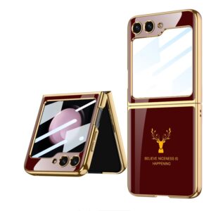 Samsung Galaxy Z Flip 6  With Glossy Maroon  And Gold Deer Design Case With Inbuilt Front Screen Guard