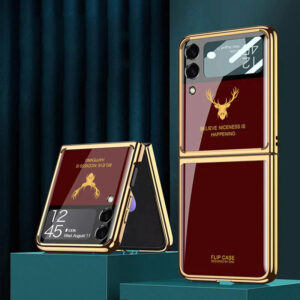 Samsung Galaxy Z Flip 3  With Glossy Maroon And Gold Deer Design Case