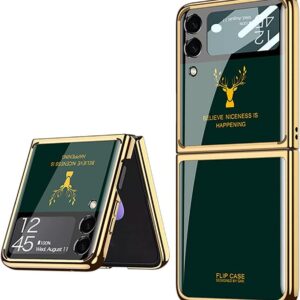 Samsung Galaxy Z Flip 3  With Glossy Green And Gold Deer Design Case