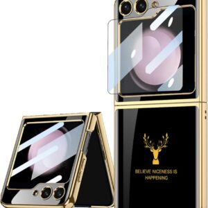 Samsung Galaxy Z Flip 6  With Glossy Black And Gold Deer Design Case With Inbuilt Front Screen Guard