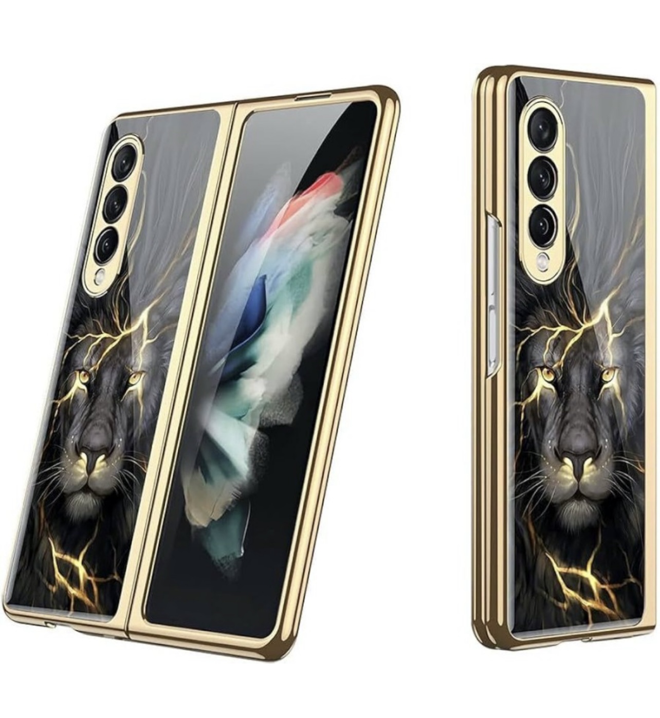 Samsung Galaxy Z Fold 3 With Glossy Black And Gold Lion Design Case